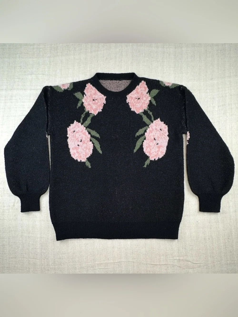 SHEIN Floral Knit Sweater Small Black Pink Puff Sleeve Crewneck Cottagecore